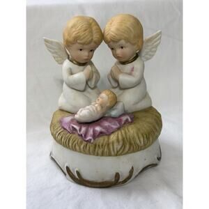 Vintage 1983 Enesco Music Box 5” Angels Baby “Away In A Manger”